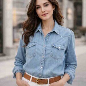 Scotch & Soda Blue Denim Western Shirt Pearl Snap Front AMS Blauw Size XL